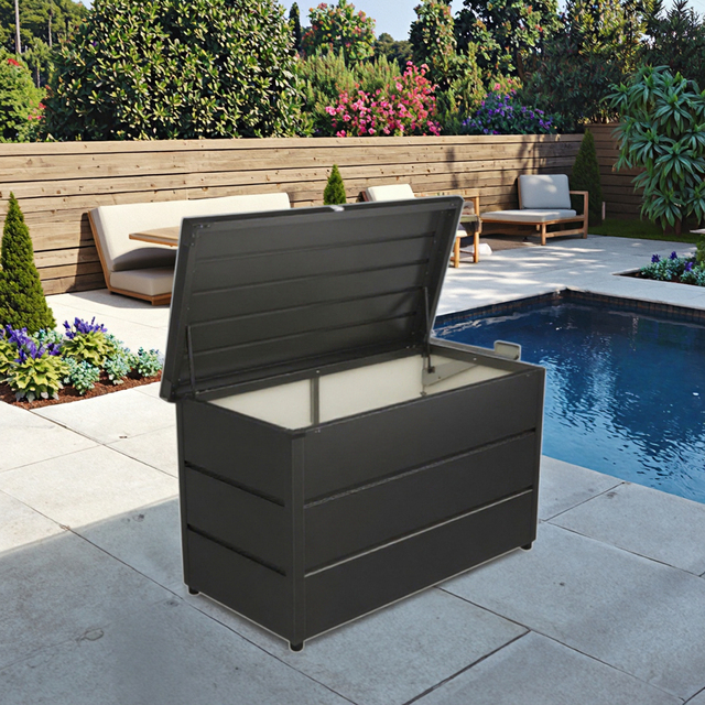 Economical 0.4mm Thick Outdoor Metal Garden Bench with Storage Box Locking System and Rot Proof Feature for Pool and Backyard