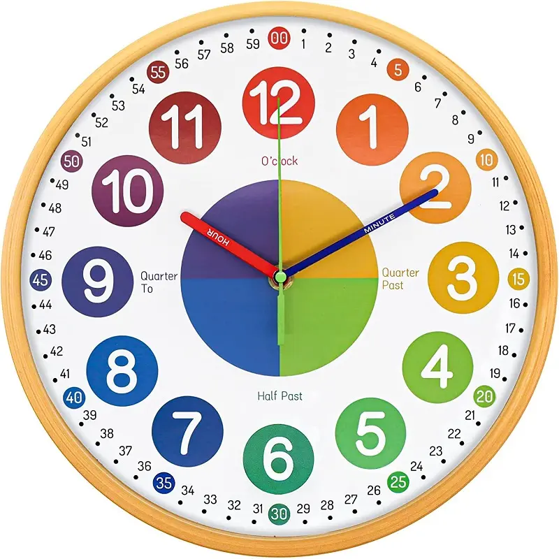 12 Inch Silent Color Kids Teaching Clock Study Educational Wall Clock Learning Clock For Kids Room Classroom Playroom Nursery