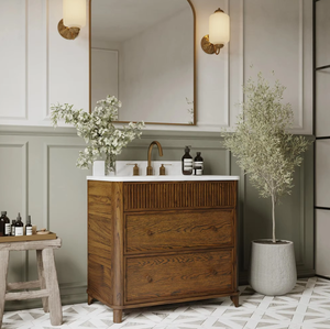 Mueble de Baño de Madera Maciza de Roble Enchapado Personalizado para Hotel, Diseño Acanalado a Rayas, Encimera de Cuarzo, Ecológico, Lavabo Individual Moderno - Product Image 2