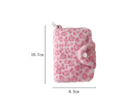 Porte-monnaie haut de gamme rose à imprimé léopard, sac de rangement portable pour cartes bancaires pour étudiants, sac à cartes polyvalent en peluche, sac pour écouteurs