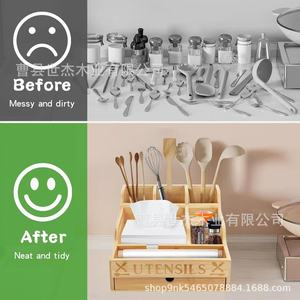 Wooden Utensil <b>Storage</b> <b>Box</b> With Drawers And Compartments For <b>Kitchen</b> Desktop Organizer Space Saving Rectangular Standing Type - Product Image 4