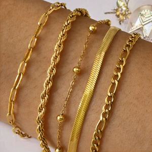 Pulsera Elegante de Acero Inoxidable con Baño de Oro de 18K, Diseño de Cadena de Cuerda y Dije Geométrico, Tipo Clip, Personalizable al por Mayor para Mujer - Product Image 1