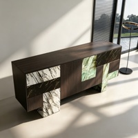 Meuble de salon de villa de luxe moderne, bar à vin, placard à vin, placage marbre, panneau multicouche en pierre, 3 portes, 3 tiroirs, mobilier de maison