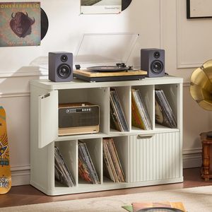 <span class=keywords><strong>Meuble</strong></span> multimédia stéréo moderne et large avec rangement en bois rainuré pour vinyles, <span class=keywords><strong>meuble</strong></span> d'appoint fonctionnel pour platine <span class=keywords><strong>vinyle</strong></span>, idéal pour les salons confortables - Product Image 2