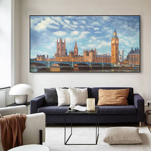 Pintura al óleo moderna pintada a mano lienzo Big Ben Tower Londres Tames río paisaje urbano paisaje pared arte paisaje sujeto hecho a mano - Product Image 1
