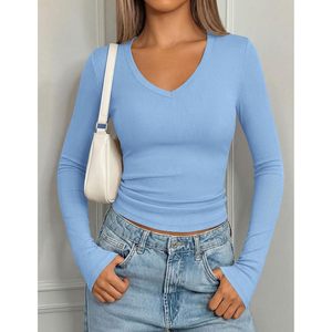 Long Sleeve V Neck Ribbed Top Women Fitted Casual <b>Y2K</b> Knitted <b>Shirt</b> Spandex Cotton Elastic Everyday Wear - Product Image 4
