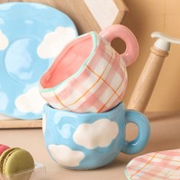 Ensemble de tasses à café/lait en céramique, design ciel bleu et nuages blancs, façonné à la main sous glaçure, pour usage domestique, tasses à thé et soucoupes