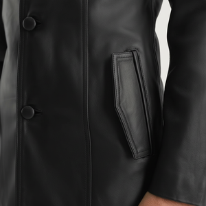 Manteau d'hiver en cuir noir professionnel personnalisé style décontracté fermeture à glissière col montant teint uni Technics Logo avant Position - Product Image 1