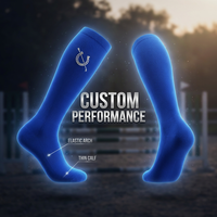 Chaussettes d'équitation personnalisées haute performance, bleu roi, hauteur genou, avec logo argenté personnalisé, respirantes