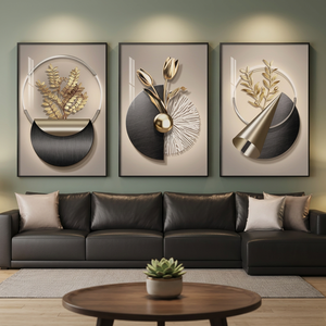 <b>Large</b> Wood <b>Framed</b> Metal Modern Elegant Portrait Wall Art for Living Room 3 Piece <b>Black</b> - Product Image 3
