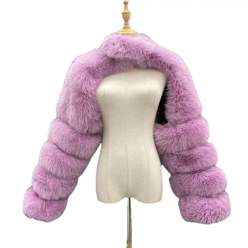 Lady Crop Top Jacket Wholesale Fox Fur arm sleeve for Women Faux Fur coats with fur sleeves