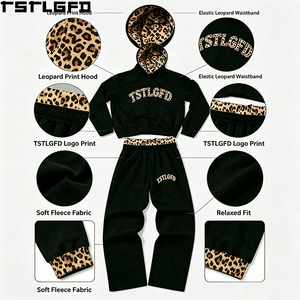 Ensemble de survêtement imprimé léopard OEM/ODM, double ceinture, coupe oversize, sweat à capuche et pantalon de jogging épais, vente en gros - Product Image 2
