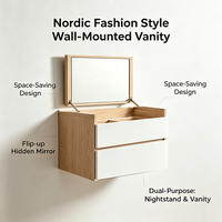 Table de maquillage murale moderne de style nordique avec miroir LED escamotable et 2 tiroirs pour petit appartement, chambre à coucher, table de chevet
