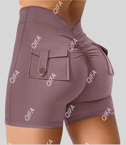 Pantalones cortos ajustados con cintura en V para Mujer, pantalones cortos de <span class=keywords><strong>Yoga</strong></span> con botones para levantar la cadera, novedad - Product Image 5