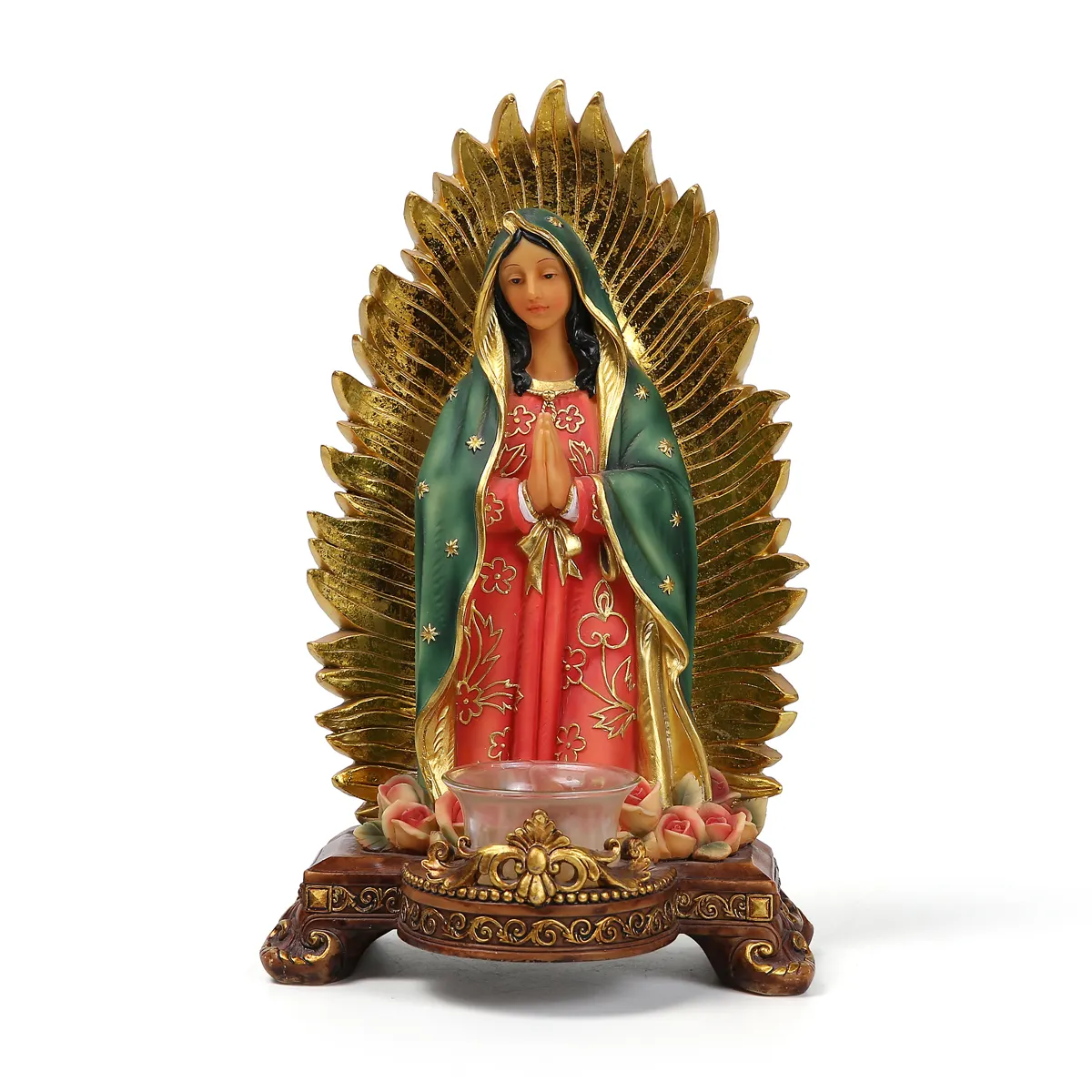 Iglesia de resina personalizada, decoración del hogar, escultura religiosa católica, estatua de Nuestra Señora de Guadalupe, portavelas