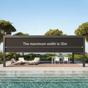 Max 12m Outdoor Aluminum Pergola Curtain PVC Fabric Blackout Motorized Zip Track Zipper Roller Blinds For Pool