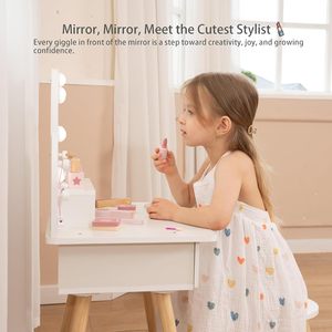 Wooden Pretend Play Makeup <strong>Table</strong> with 11 Accessories White Kids Vanity Set for Girls with Adjustable Brightness Light Mirror - Product Image 4