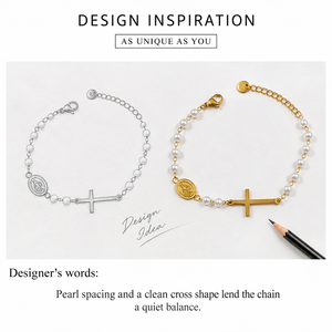 Pulsera de Perlas de Imitación con Cruz, Chapada en Oro de 14K, Opciones de Color Oro y Plata, para Mujer - Product Image 3