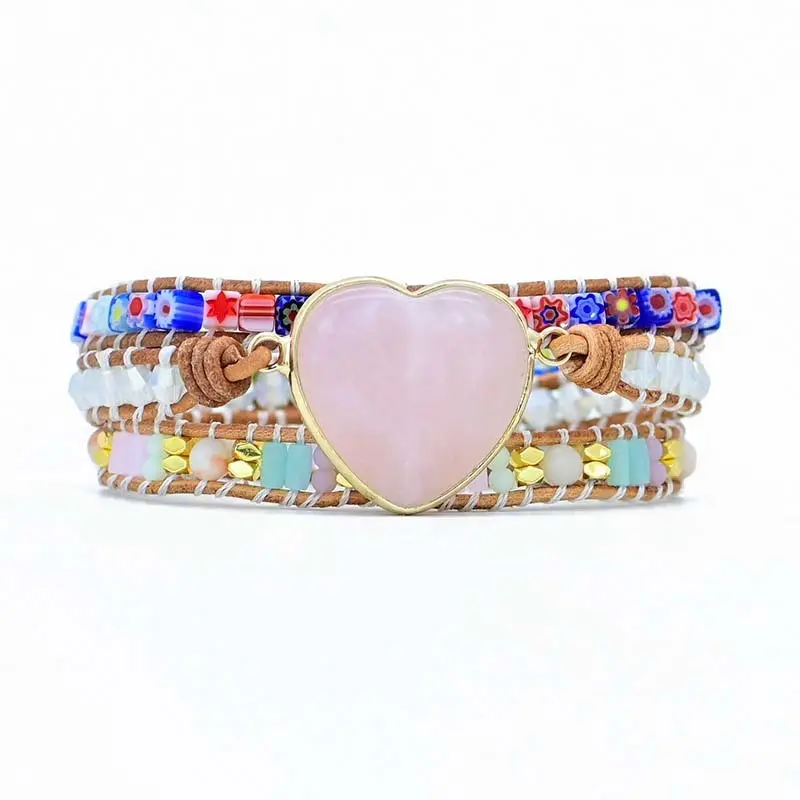 Poya Venta al por mayor Corazón Rosa Cristal Oro Pulsera Cuentas de cristal cuadradas Tejido Estilo bohemio Pulsera