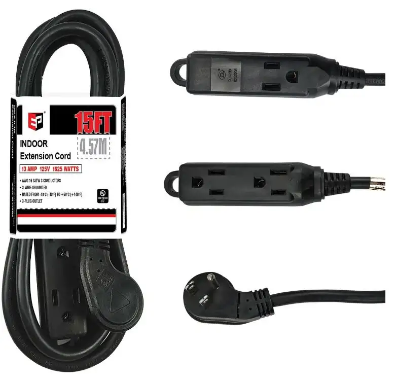 Kabel ekstensi Plug datar 15 kaki profil rendah-16 AWG 3 kabel Grounded dengan 3 outlet, untuk penggunaan dalam ruangan, hitam, UL terdaftar