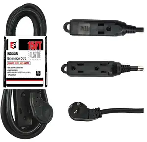 Low Profile 15 Ft Flat Plug Extension Cord - 16 AWG 3 Prong Grounded Cable with 3 Outlets, for Indoor Use, Black, UL Listed