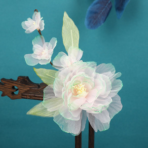 Nouveaux accessoires pour cheveux de style antique, design original, faits à la main, accessoires pour cheveux en forme de fleur de pivoine verte fraîche perforée, cheveux - Product Image 2