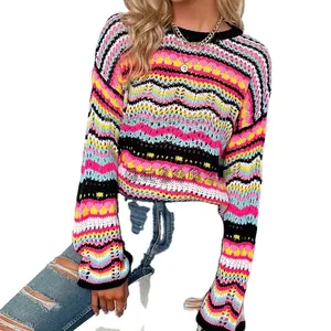 Cross-border Autumn and Winter New European and American Patchwork Knitwear Loose Color Round Neck Stripe Sweater Woman