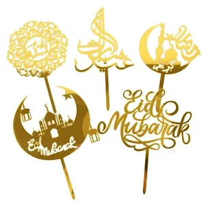 Eid Mubarak Cake Toppers Golden Acrylic Moon Cake Topper for Islamic Muslim Festival Kareem Ramadan Cupcake Decorations Supplies