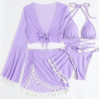 Boho zwarte bikini-set met strik aan de voorkant, top met wijde mouwen en sarong met kwastjes, 4-delig