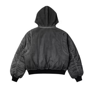 Áo khoác bomber nam chất liệu <span class=keywords><strong>canvas</strong></span> dày dặn, kiểu dáng oversized, 100% cotton, mũ trùm đầu, màu nhuộm trơn, kiểu dáng hộp, họa tiết ca rô mùa thu - Product Image 2