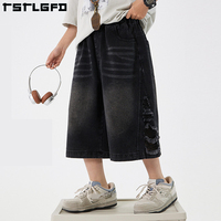 Pantalones Cortos de Mezclilla para Hombre, Tejidos con Tela Sostenible, Corte Recto, Personalizados, Estilo Baggy, Desgastados, Lavado Oscuro, Vintage Y2K, Verano