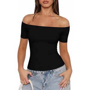 off the Shoulder Top <b>Women</b> Short Sleeve Solid Color Skinny Fit Casual <b>Shirt</b> Regular Length <b>Black</b> Summer Outfit - Product Image 1