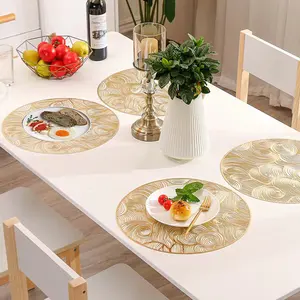 Yuvarlak altın Placemats Set preslenmiş vinil yer paspasları masa süsü düğün Placemat