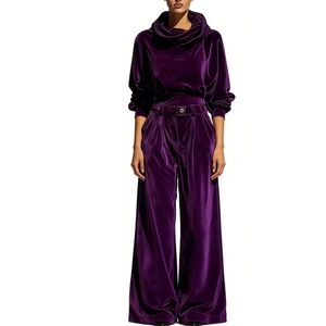 Women's Velvet 2 Piece <b>Set</b> - Cowl Neck Long Sleeve Top & High Waist Pleated Balloon Pants Outfit Womens Clothes Fashion - Product Image 4