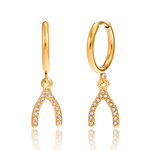 Pendientes de Aro de Oro de 18K y Acero Inoxidable con Diseño de Espina de Pescado y Circonitas, Joyería Fina Colgante para Uso Diario - Product Image 5