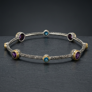 Bracelet personnalisé en argent 925 avec améthyste naturelle/granat et topaze bleue, serti clos, tendance, bijoux pour femme, cadeau de fiançailles, Tanya Gems - Product Image 1