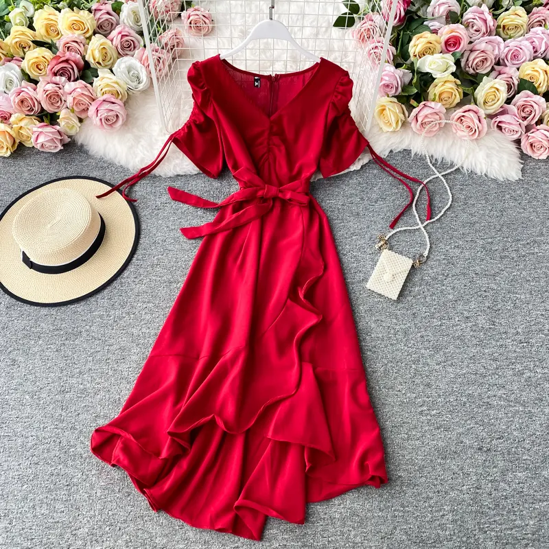 French Stylish Solid Color V Neck Short Sleeve Slim waist Dress Women Midi elegant casual dresses Clothing Wholesale