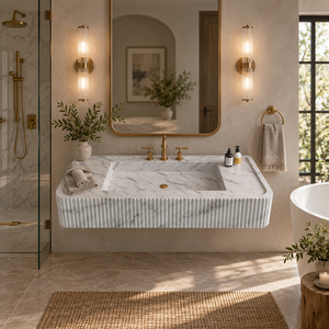 Meuble-lavabo mural flottant Unionstone pour salle de bain, en marbre cannelé blanc de Carrare, avec vasque simple cannelée - Product Image 5