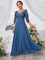Robe de Demoiselle d'Honneur Longue en Chiffon Haut de Gamme à Volants et Épaules Dénudées, Col en V, Coupe Évasée, pour Dîners, Mariages et Soirées