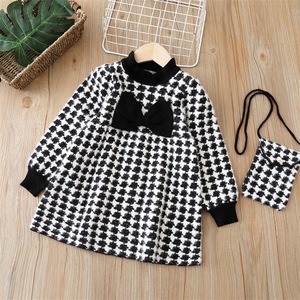 Abito Maglione per Bambine Vestito Lavorato a Maglia con Cintura Autunno e Inverno Nuovo Motivo Pied-de-Poule con Fiocco in Pizzo alla Moda - Product Image 1