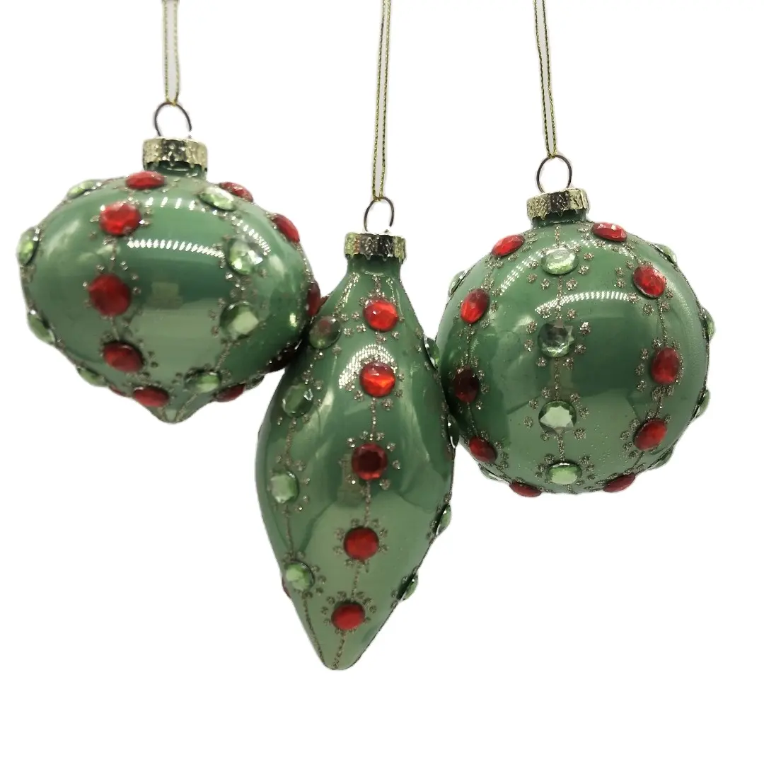 Bolas de Navidad de cristal verde brillante, bolas colgantes de árbol de Navidad, adornos de globo, 3 formas diferentes, envío rápido de fábrica