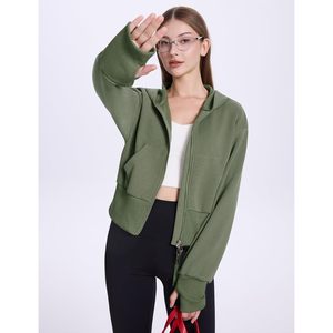 FOXA Women's <b>Cropped</b> <b>Zip</b> <b>Up</b> Hoodie Long Sleeve Drop Shoulder Sweatshirt Casual Ribbed Hem Workout Top With Pockets - Product Image 3
