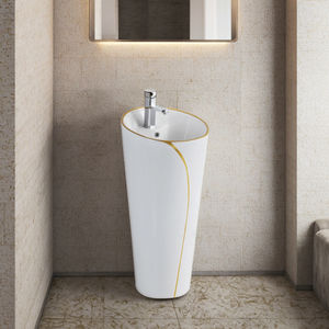 Lavabo moderne autoportant monobloc rond en céramique sur pied pour lavage des mains pour hôtel - Product Image 1