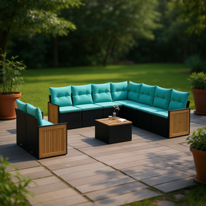 Set di Divani da Esterno in Polyrattan Nero Moderno con Cuscini, Arredamento per 10 Persone, Design Contemporaneo con Accenti in Legno Massello - Product Image 2