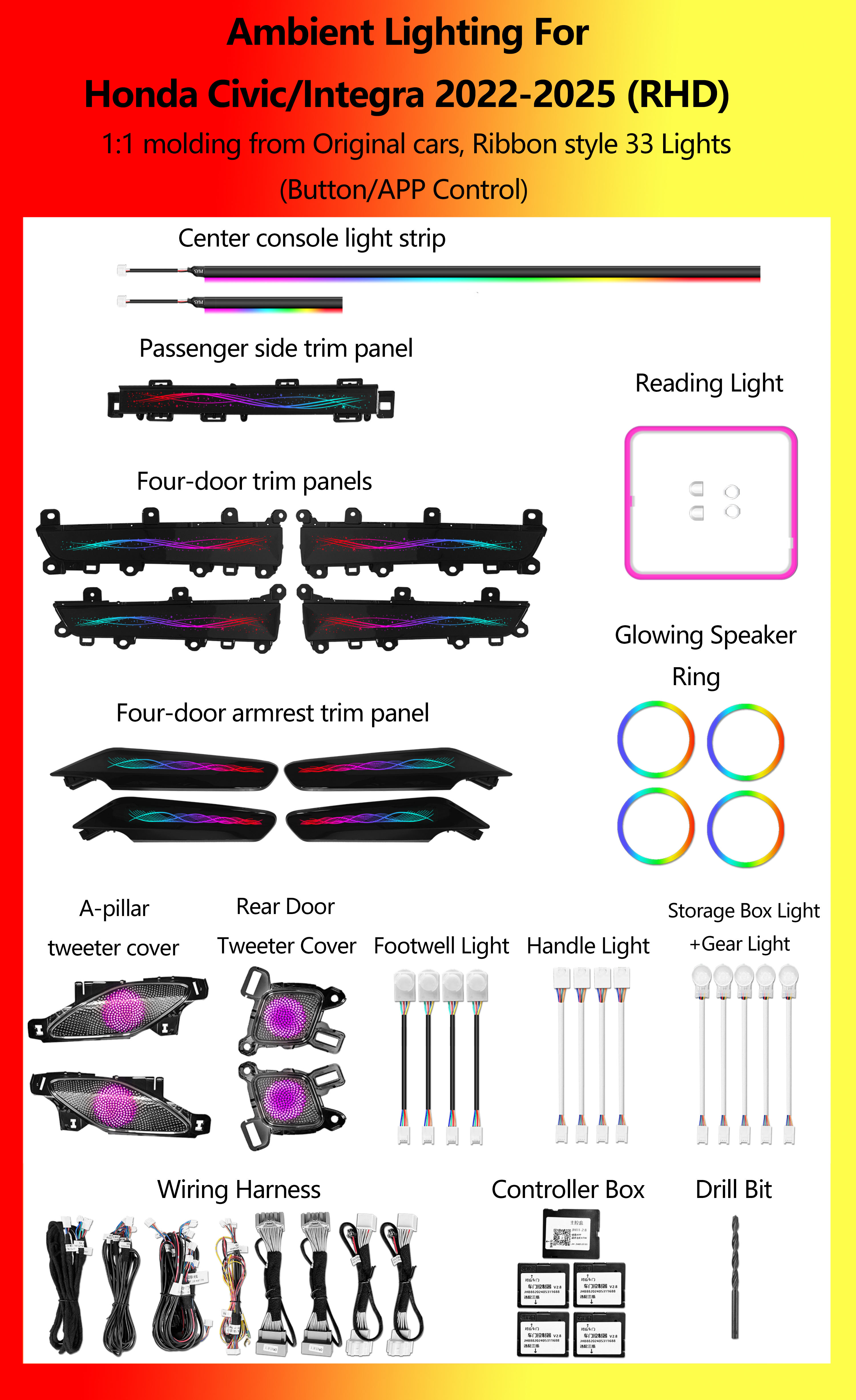 Honda Civic/Integra, style ruban, 33 LED, conduite à droite (RHD)