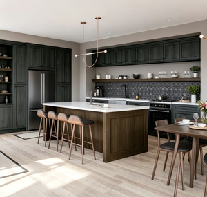 Juego de Muebles de Cocina Modernos en Negro Estilo Shaker con Isla de Cuarzo Blanco y Refrigerador Integrado para Remodelación del Hogar - Product Image 6