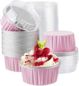 Disposable Aluminum Foil Cake Cup Colorful Small Ramekins Pans Cake Baking Cups With Plastic Lids