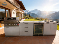 Meubles de cuisine extérieurs personnalisables en acier inoxydable avec évier et portes vitrées, étanches, pour appartement, barbecue, salle à manger, patio