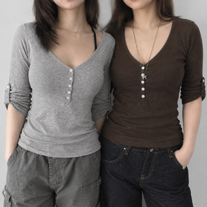 <b>Womens</b> Casual Solid Color Logo Knitted <b>Henley</b> Shirt Slim Fit Button Front Long Sleeve Basic Everyday <b>Top</b> Versatile Streetwear - Product Image 1