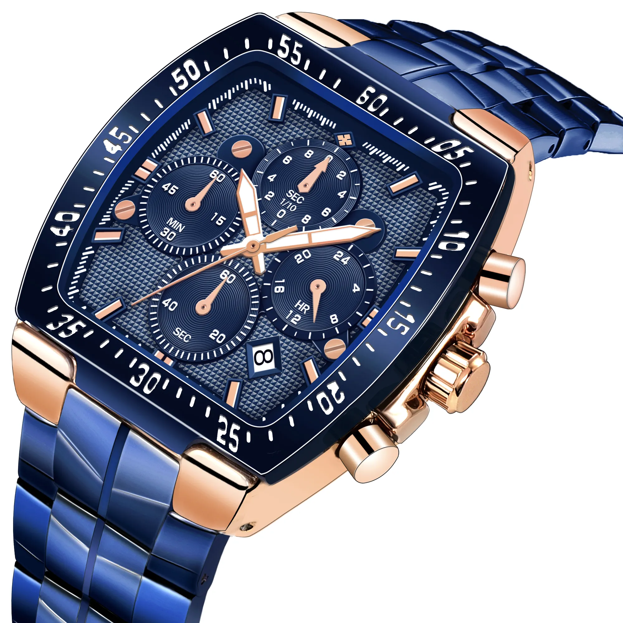 Custom New Design Square Blue Stainless Steel Waterproof Watch Chronograph Quartz Charm Luxury Wrist Watch For Men